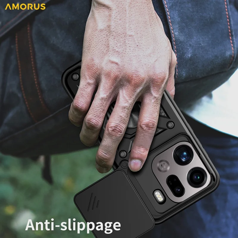 AMORUS pour Oppo Find X9 Pro 5G étui support rotatif en PC + TPU avec couvercle coulissant pour objectif - Noir