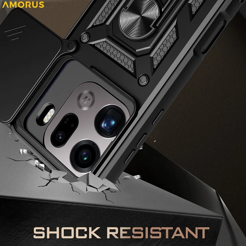 AMORUS pour Oppo Find X9 Pro 5G étui support rotatif en PC + TPU avec couvercle coulissant pour objectif - Noir