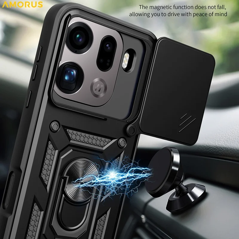 AMORUS pour Oppo Find X9 Pro 5G étui support rotatif en PC + TPU avec couvercle coulissant pour objectif - Noir