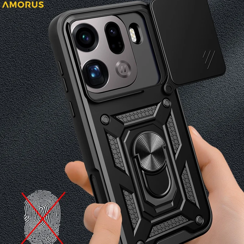 AMORUS pour Oppo Find X9 Pro 5G étui support rotatif en PC + TPU avec couvercle coulissant pour objectif - Noir