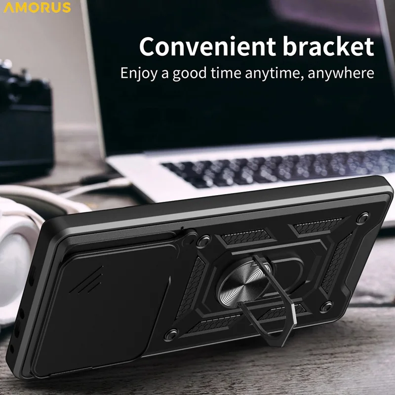 AMORUS pour Oppo Find X9 Pro 5G étui support rotatif en PC + TPU avec couvercle coulissant pour objectif - Noir