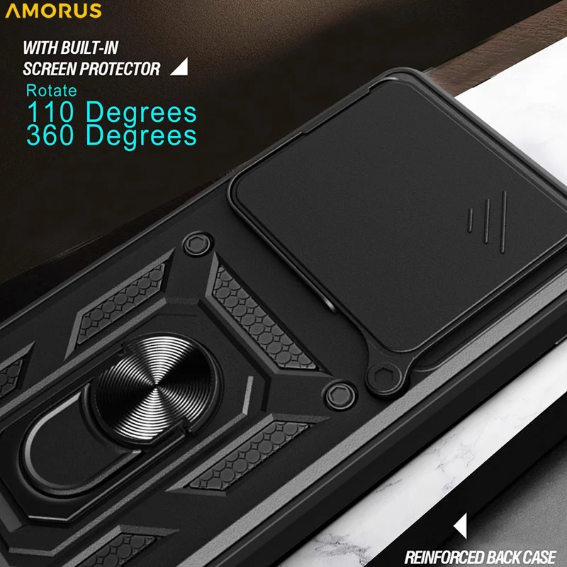 AMORUS pour Oppo Find X9 Pro 5G étui support rotatif en PC + TPU avec couvercle coulissant pour objectif - Noir