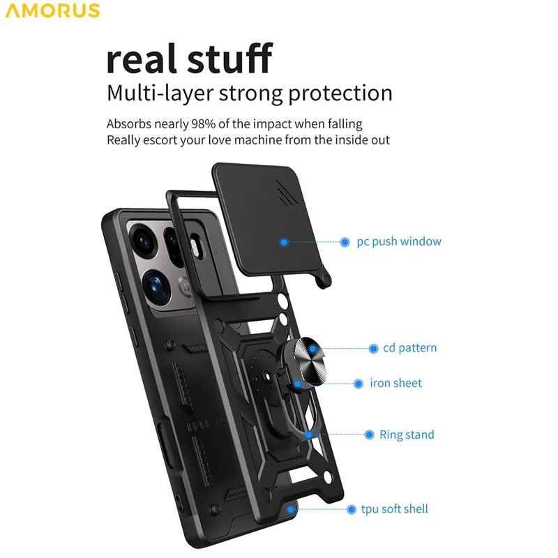 AMORUS pour Oppo Find X9 Pro 5G étui support rotatif en PC + TPU avec couvercle coulissant pour objectif - Noir