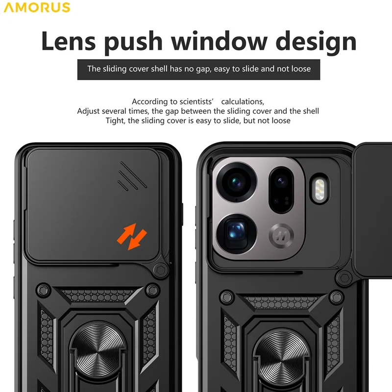 AMORUS pour Oppo Find X9 Pro 5G étui support rotatif en PC + TPU avec couvercle coulissant pour objectif - Noir