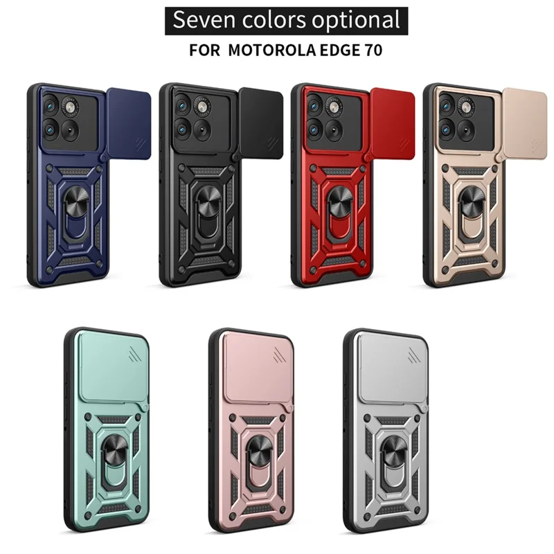 Coque pour Motorola Edge 70 5G avec couvercle coulissant pour appareil photo, housse de téléphone PC + TPU avec support pivotant - Noir
