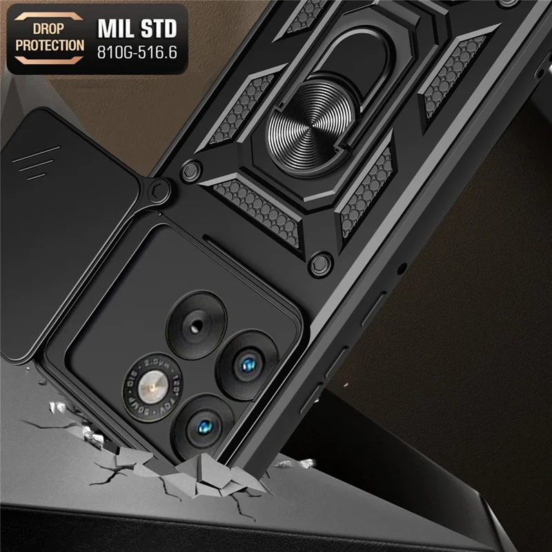 Coque pour Motorola Edge 70 5G avec couvercle coulissant pour appareil photo, housse de téléphone PC + TPU avec support pivotant - Noir