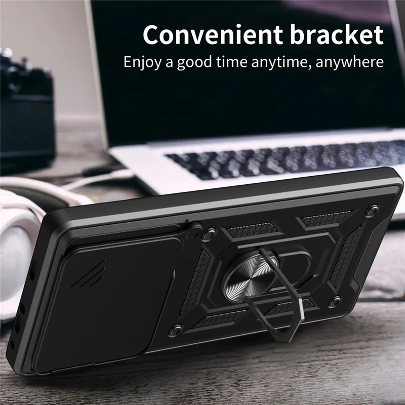 Coque pour Motorola Edge 70 5G avec couvercle coulissant pour appareil photo, housse de téléphone PC + TPU avec support pivotant - Noir