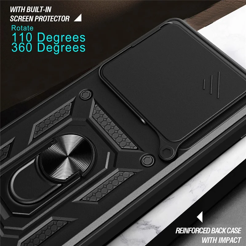 Coque pour Motorola Edge 70 5G avec couvercle coulissant pour appareil photo, housse de téléphone PC + TPU avec support pivotant - Noir