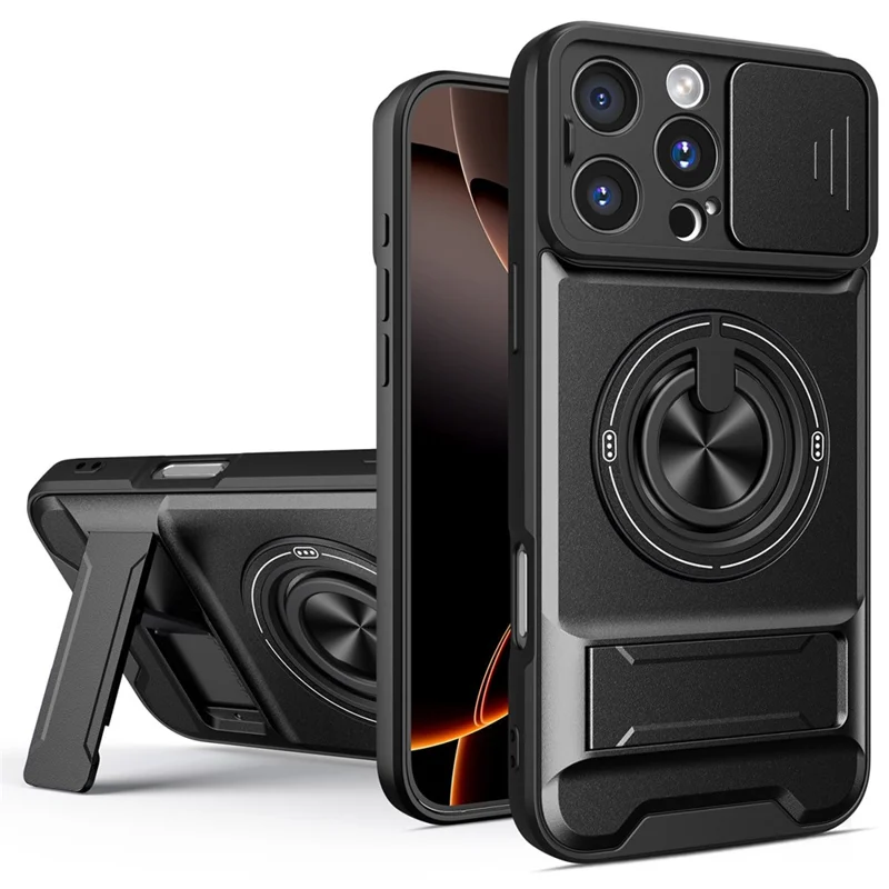 For iPhone 16 Pro Case Compatible with MagSafe Foldable Kickstand TPU PC Phone Cover with Camera Lens Slider - Black