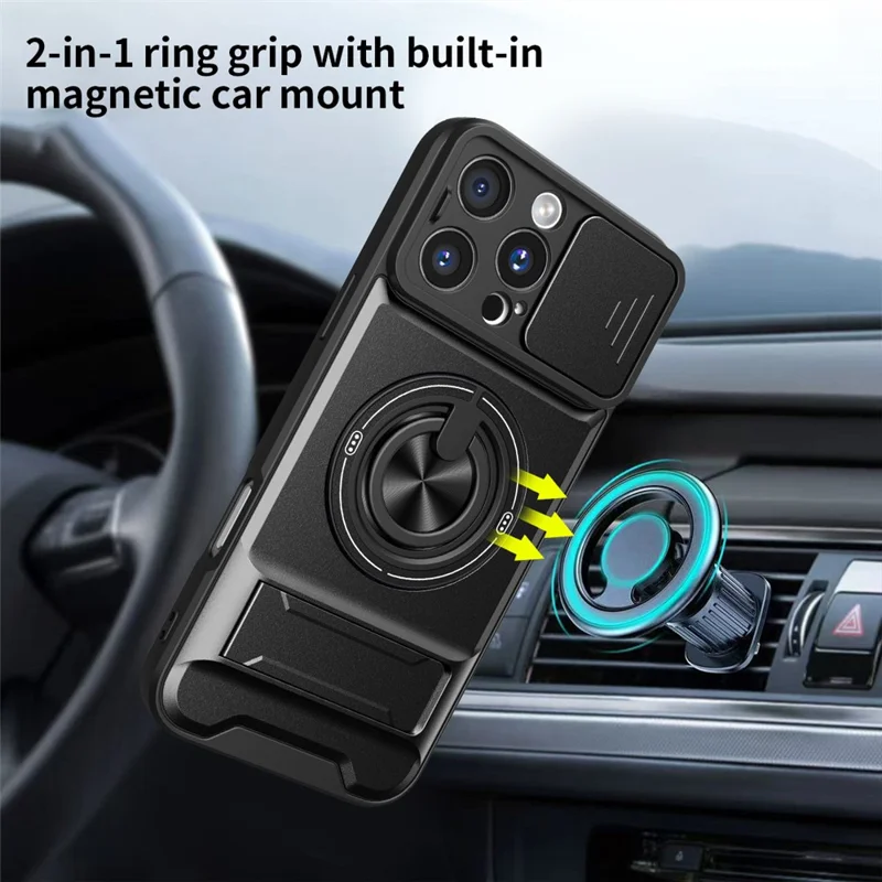 For iPhone 16 Pro Case Compatible with MagSafe Foldable Kickstand TPU PC Phone Cover with Camera Lens Slider - Black