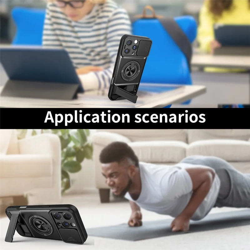 For iPhone 16 Pro Case Compatible with MagSafe Foldable Kickstand TPU PC Phone Cover with Camera Lens Slider - Black