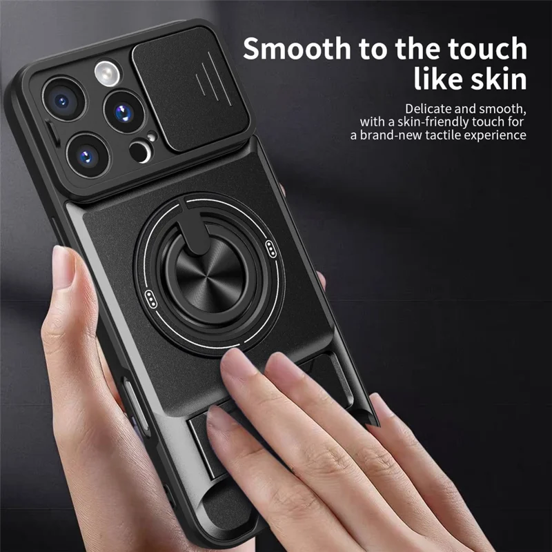 For iPhone 16 Pro Case Compatible with MagSafe Foldable Kickstand TPU PC Phone Cover with Camera Lens Slider - Black