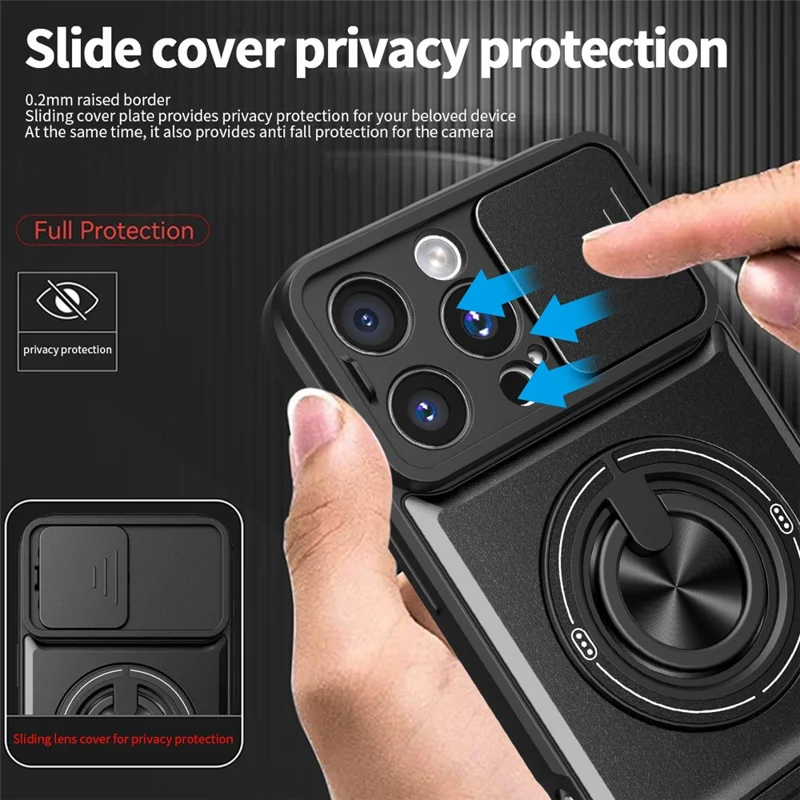 For iPhone 16 Pro Case Compatible with MagSafe Foldable Kickstand TPU PC Phone Cover with Camera Lens Slider - Black