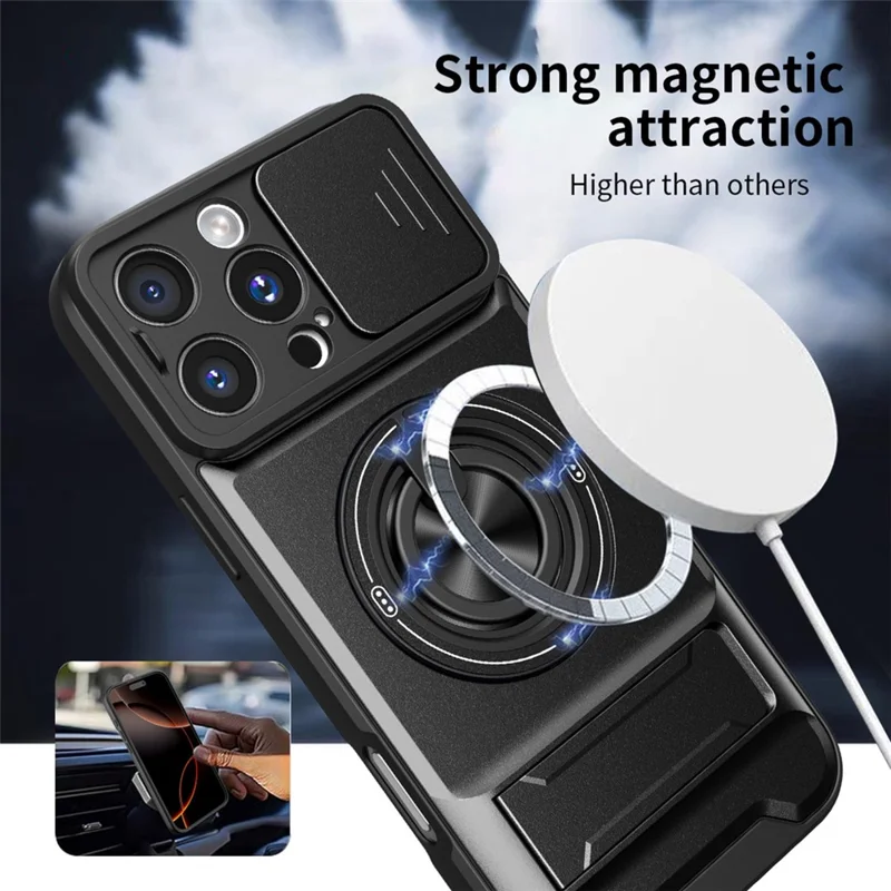For iPhone 16 Pro Case Compatible with MagSafe Foldable Kickstand TPU PC Phone Cover with Camera Lens Slider - Black