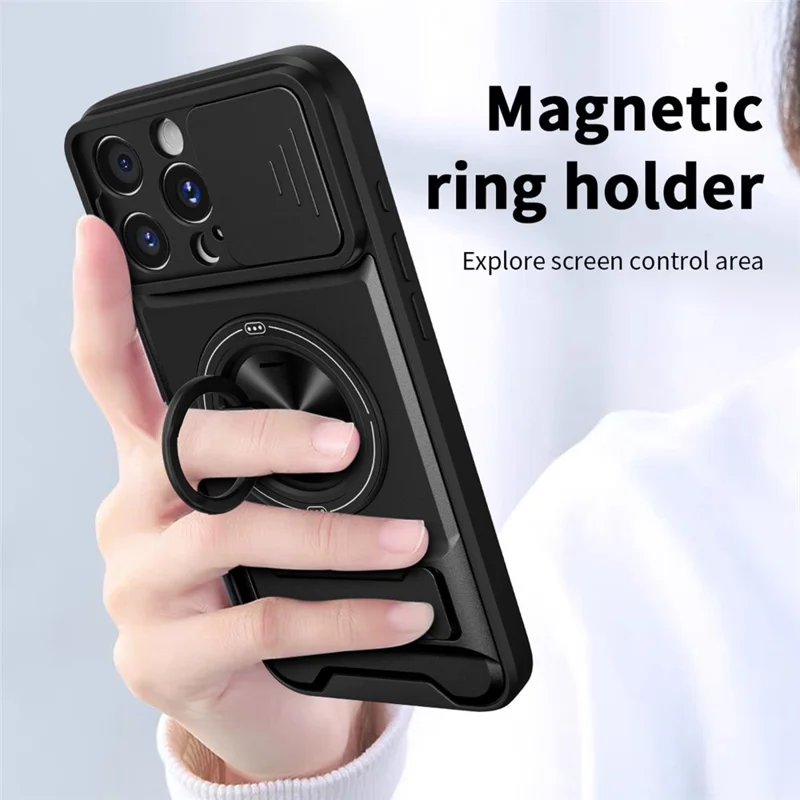 For iPhone 16 Pro Case Compatible with MagSafe Foldable Kickstand TPU PC Phone Cover with Camera Lens Slider - Black