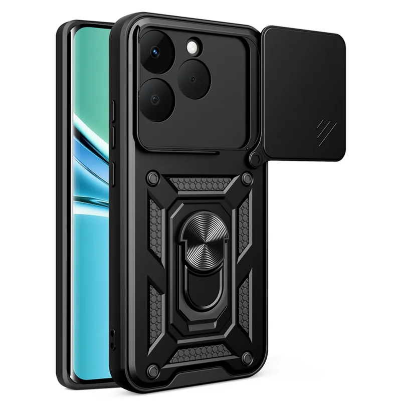 For Realme 15T 5G Case with Slide Camera Lid PC + TPU Kickstand Phone Cover - Black