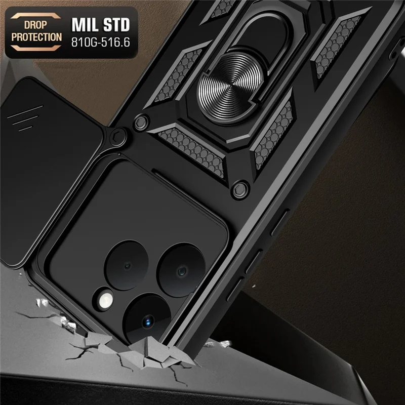 For Realme 15T 5G Case with Slide Camera Lid PC + TPU Kickstand Phone Cover - Black