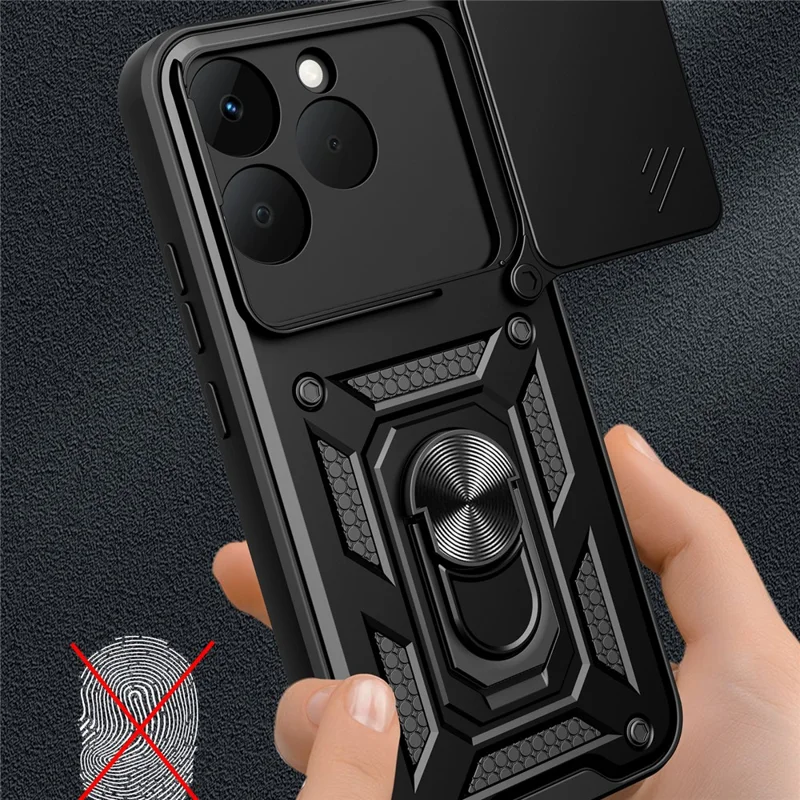 For Realme 15T 5G Case with Slide Camera Lid PC + TPU Kickstand Phone Cover - Black