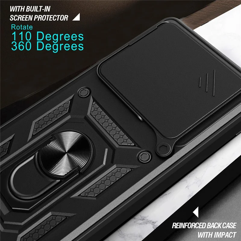 For Realme 15T 5G Case with Slide Camera Lid PC + TPU Kickstand Phone Cover - Black