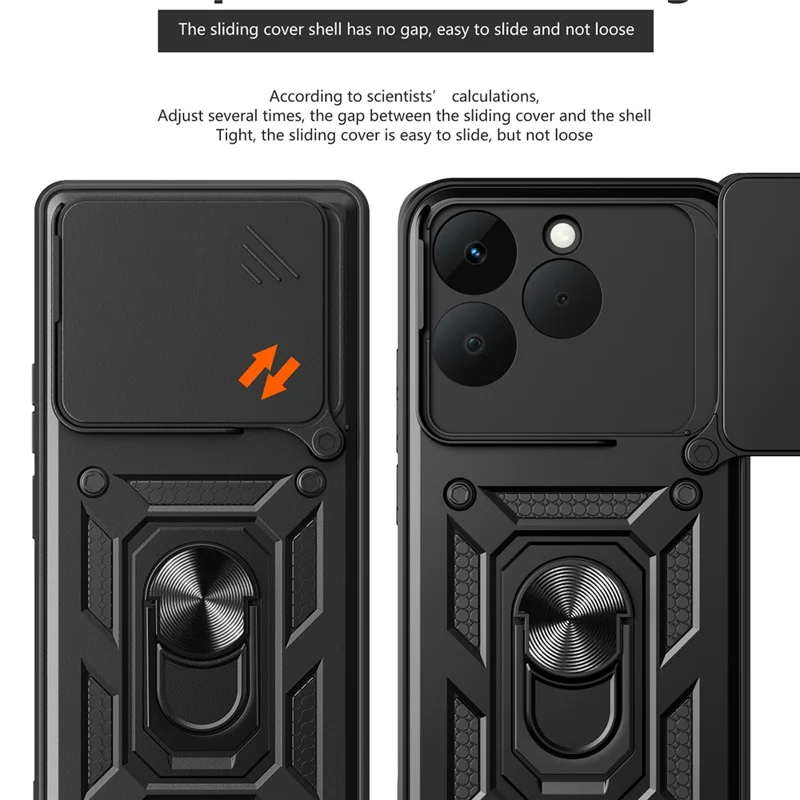 For Realme 15T 5G Case with Slide Camera Lid PC + TPU Kickstand Phone Cover - Black