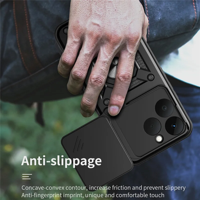 For Realme 15T 5G Case with Slide Camera Lid PC + TPU Kickstand Phone Cover - Black