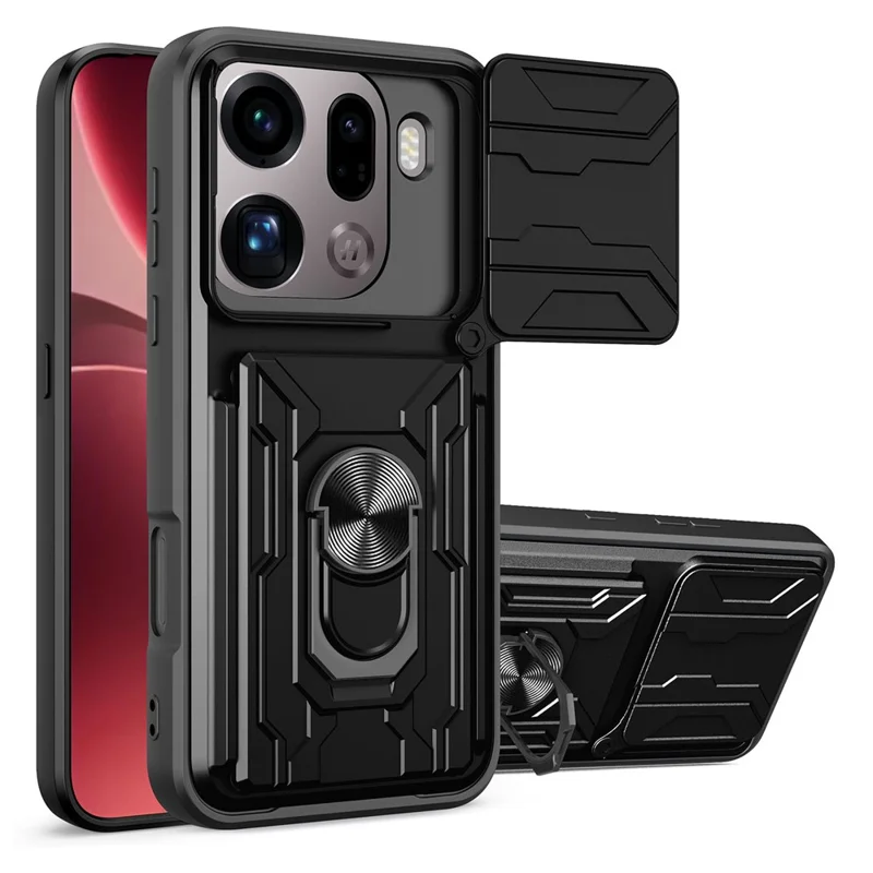 For Oppo Find X9 Pro 5G Case PC + TPU Kickstand Phone Back Cover with Camera Slider - Black