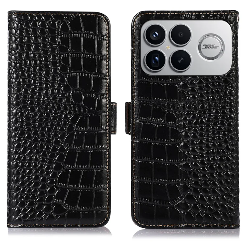 For Xiaomi Poco F8 Ultra  /  Redmi K90 Pro Max 5G Case RFID Blocking Wallet Crocodile Texture Genuine Cow Leather Phone Cover - Black