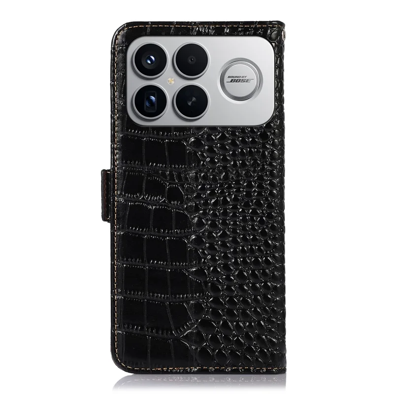 For Xiaomi Poco F8 Ultra  /  Redmi K90 Pro Max 5G Case RFID Blocking Wallet Crocodile Texture Genuine Cow Leather Phone Cover - Black