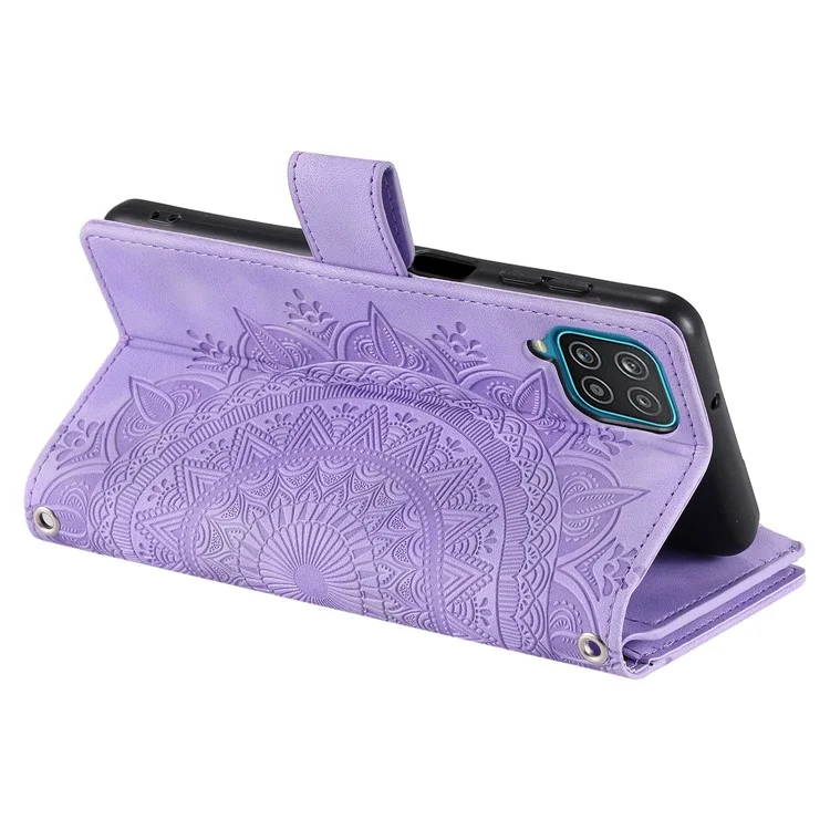 Étui de téléphone à plusieurs emplacements pour cartes pour Samsung Galaxy A12 / M12 Mandala Flower Imprinted PU Leather Phone Case Stand Zipper Pocket Wallet avec sangle - Pourpre