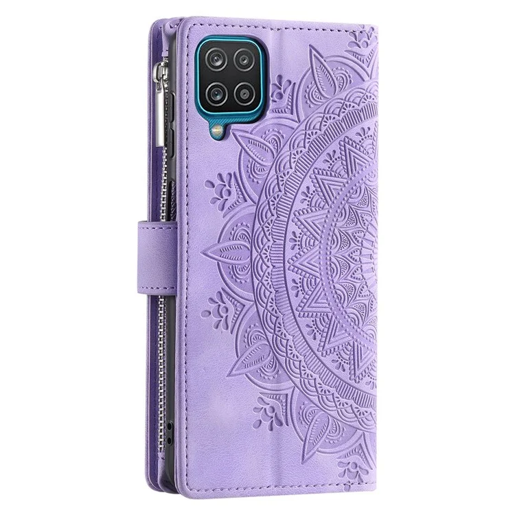 Étui de téléphone à plusieurs emplacements pour cartes pour Samsung Galaxy A12 / M12 Mandala Flower Imprinted PU Leather Phone Case Stand Zipper Pocket Wallet avec sangle - Pourpre