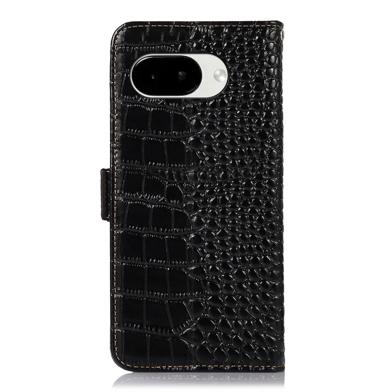 Etui na Google Pixel 10a z portfelikiem z blokadą RFID, tekstura krokodyla, prawdziwa skóra wołowa - Czarny