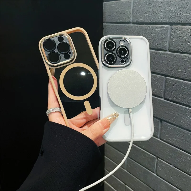 Coque hybride pour iPhone 16 Pro compatible MagSafe, coque de téléphone en TPU + acrylique avec bouton photo IA intégré - Gris