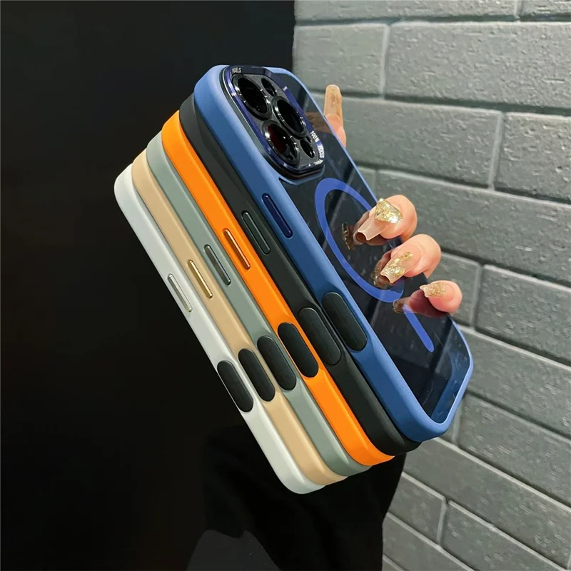 Coque hybride pour iPhone 16 Pro compatible MagSafe, coque de téléphone en TPU + acrylique avec bouton photo IA intégré - Gris