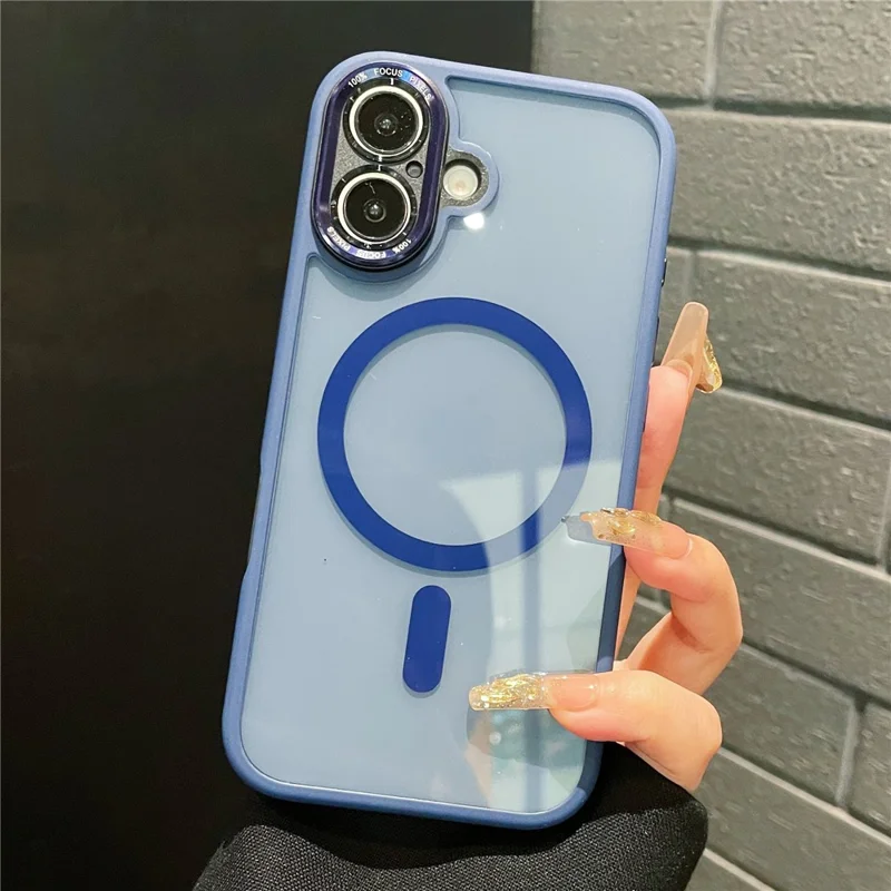 Coque hybride pour iPhone 16 compatible MagSafe, coque de téléphone en TPU + acrylique avec bouton photo IA intégré - Bleu