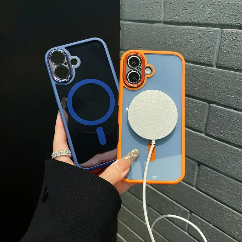 Coque hybride pour iPhone 16 compatible MagSafe, coque de téléphone en TPU + acrylique avec bouton photo IA intégré - Bleu