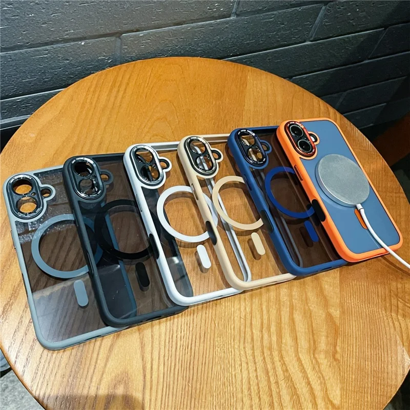 Coque hybride pour iPhone 16 compatible MagSafe, coque de téléphone en TPU + acrylique avec bouton photo IA intégré - Bleu