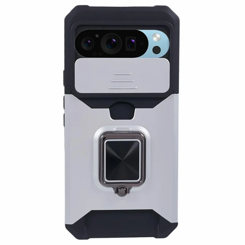 For Google Pixel 10 Pro XL Case Kickstand Slide Lens Lid PC + TPU Phone Cover with Card Slot - Silver