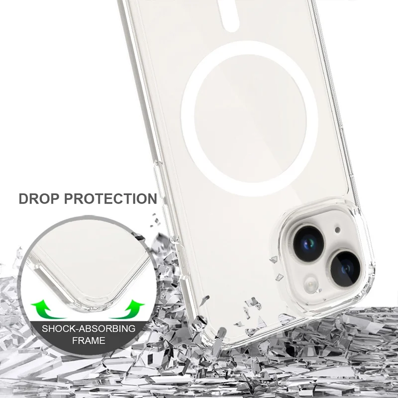 Achat en vrac pour coque magnétique iPhone 15 transparente 1,5 mm en TPU et PC - Couverture arrière transparente