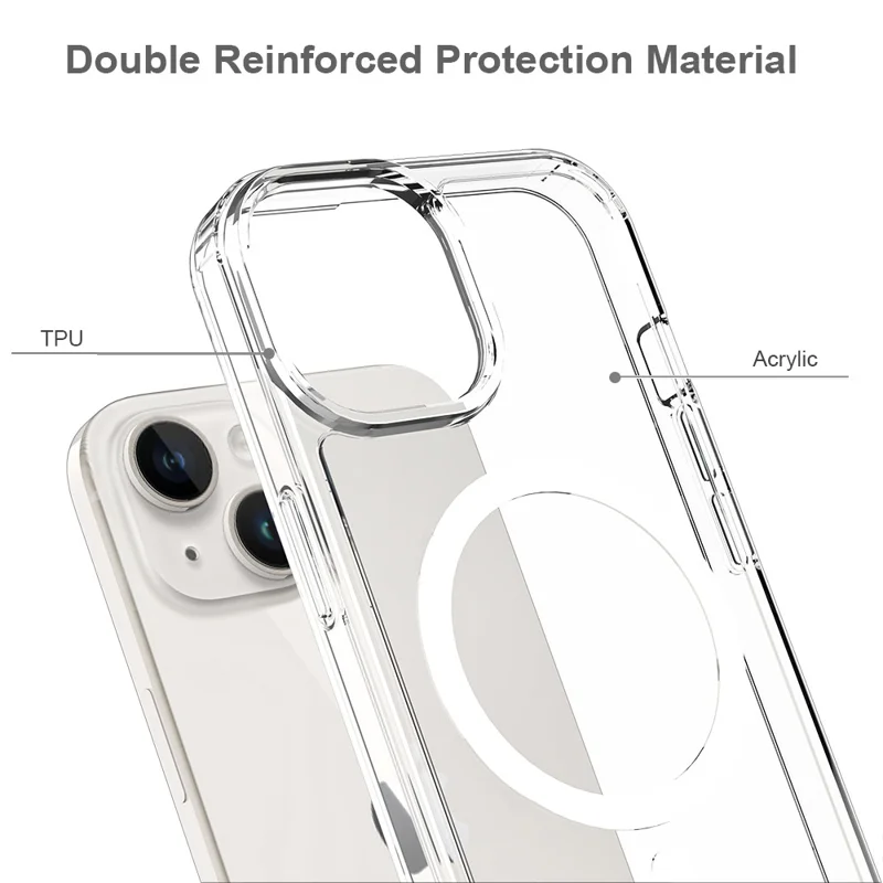 Achat en vrac pour coque magnétique iPhone 15 transparente 1,5 mm en TPU et PC - Couverture arrière transparente