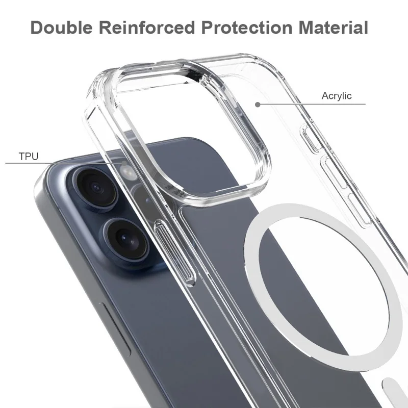 Achat en vrac pour coque magnétique iPhone 15 Pro Max transparente 1,5 mm en TPU et PC - Couverture arrière transparente