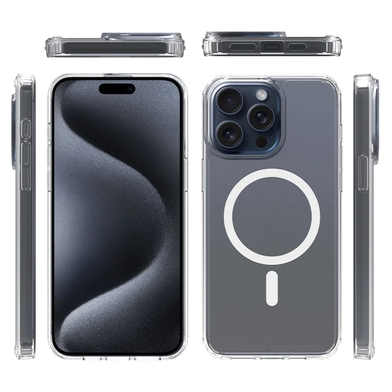 Achat en vrac pour coque magnétique iPhone 15 Pro Max transparente 1,5 mm en TPU et PC - Couverture arrière transparente