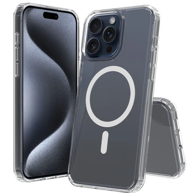 Bulk Purchasing For iPhone 15 Pro Magnetic Case Crystal Clear 1.5mm TPU PC Phone Back Cover - Transparent