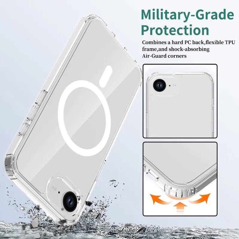 Bulk Purchasing For iPhone 16e Magnetic Case Crystal Clear 1.5mm TPU PC Phone Back Cover - Transparent