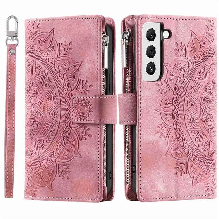 Para Samsung Galaxy S22 5G Mandala Flower Pattern Printing Leather Phone Case Stand Zipper Pocket Wallet Multiple Card Slots Cover - Rose Gold