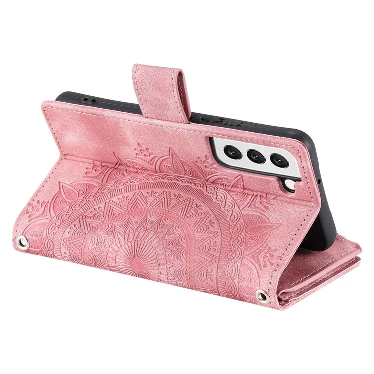 Para Samsung Galaxy S22 5G Mandala Flower Pattern Printing Leather Phone Case Stand Zipper Pocket Wallet Multiple Card Slots Cover - Rose Gold