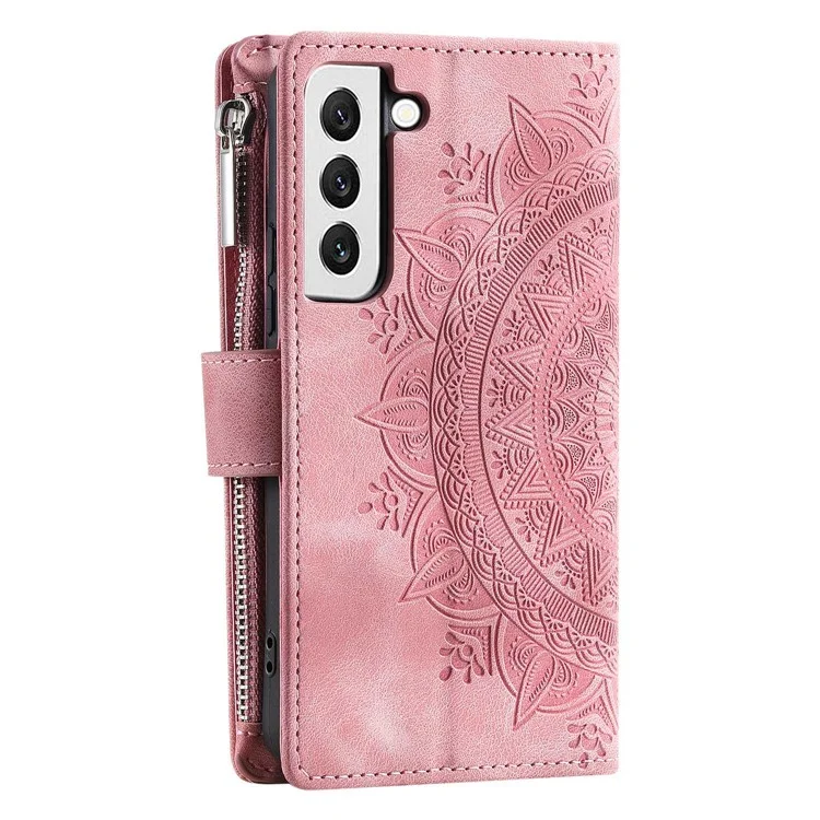 Para Samsung Galaxy S22 5G Mandala Flower Pattern Printing Leather Phone Case Stand Zipper Pocket Wallet Multiple Card Slots Cover - Rose Gold