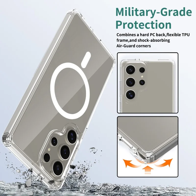 Bulk Purchasing For Samsung Galaxy S24 Ultra Magnetic Case Crystal Clear 1.5mm TPU PC Phone Back Cover - Transparent