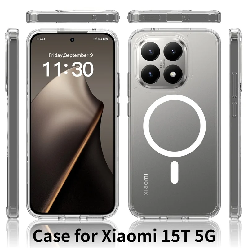 Bulk Purchasing For Xiaomi 15T  Magnetic Case Crystal Clear 1.5mm TPU PC Phone Back Cover - Black
