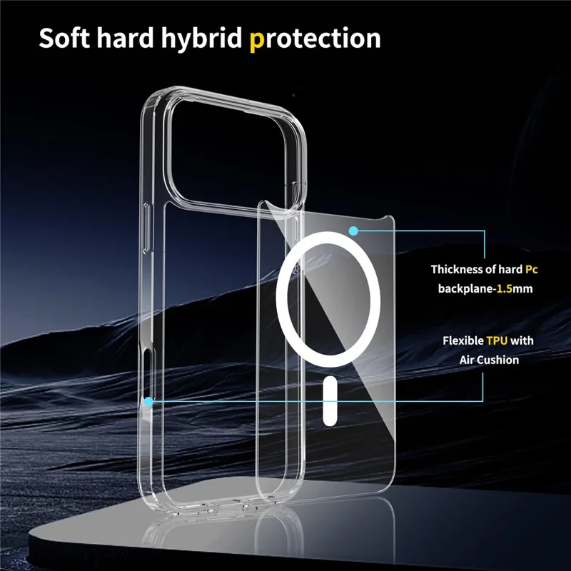 Achat en vrac pour coque magnétique iPhone 17 Pro transparente 1,5 mm en TPU et PC - Couverture arrière transparente