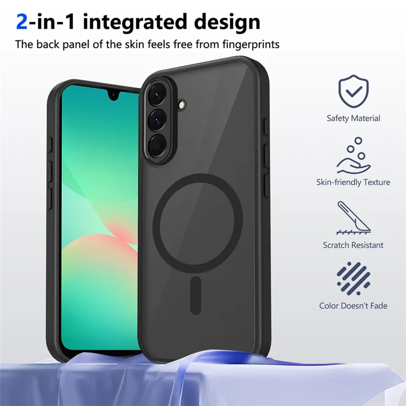 For Samsung Galaxy A26 5G Magnetic Case Skin Touch Matte Translucent PC + TPU Anti-Drop Phone Cover - Black